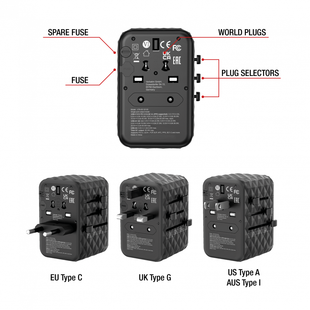 Adaptateur universel de voyage UTA-05 GaN III avec 2 ports USB-C PD et QC 4+ et 2 ports USB-A